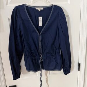 LOFT Navy Blouse with White Detailing